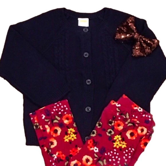 Navy Cardigan Floral Leggings Sequin Bow Set Sz 2T - Picture 10 of 11